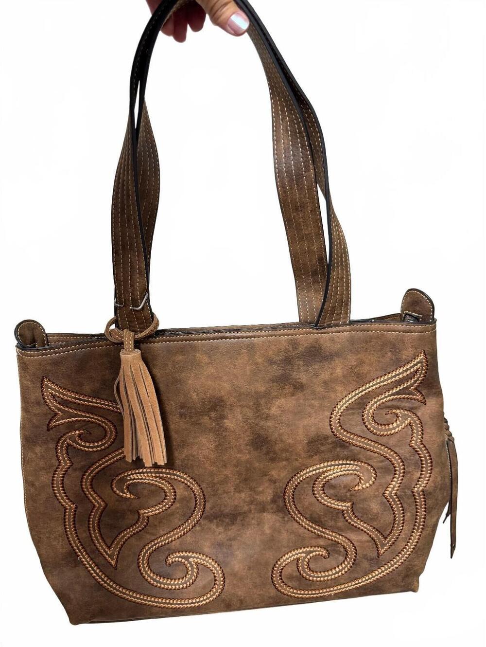 Tony Lama Brown Leather Western Boot Stitch Shoulder Bag Tote Tassel Large